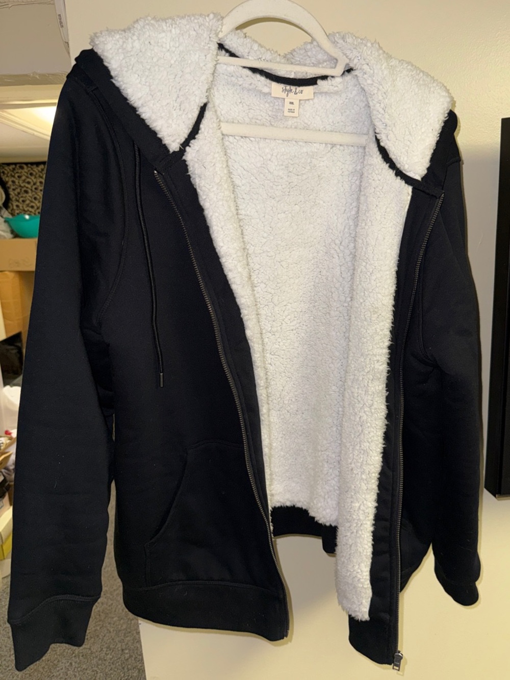 Style & Co. Black Zip-Up Teddy Jacket with White Sherpa Lining